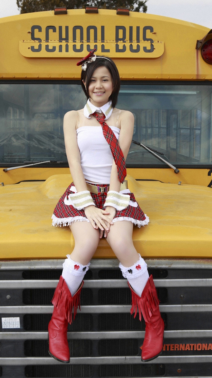 Brunette Asian Schoolgirl wearing White Long Socks and Red Boots
